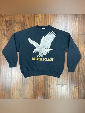 VTG Michigan Sweatshirt Men’s X-Large Black Bald Eagle 90s Raised Graphic Tultex